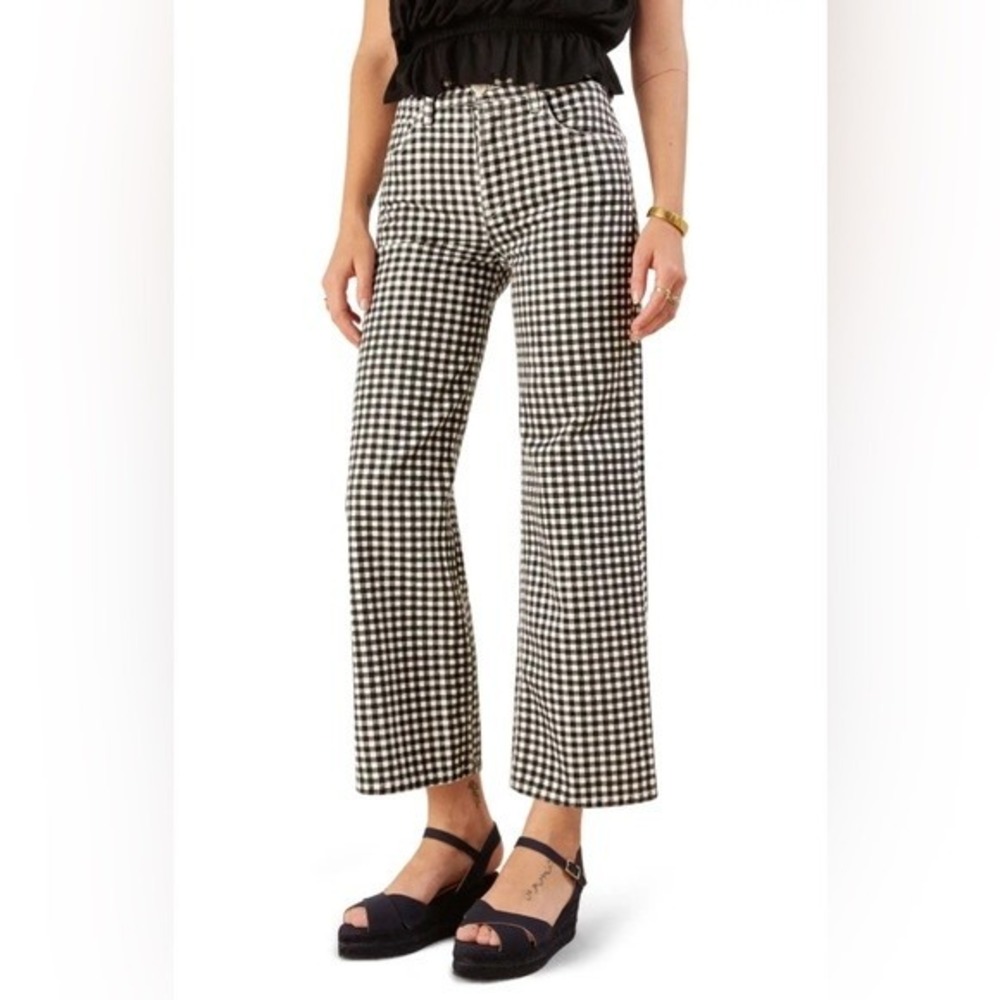 Reformation Fawcett High Rise Crop Wide Leg Black White Mia Gingham Jean Size 24
